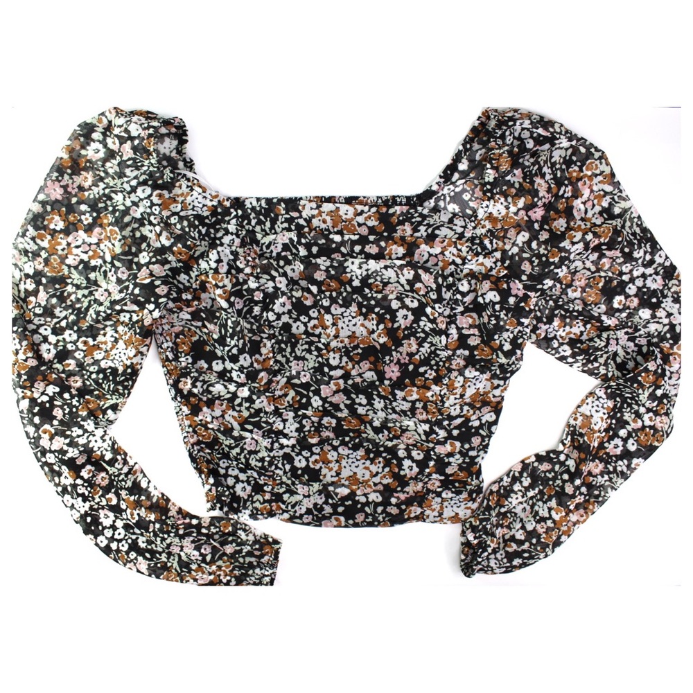 Lulus Puff Sleeve Cropped Semi Sheer Long Sleeve Floral Top XS